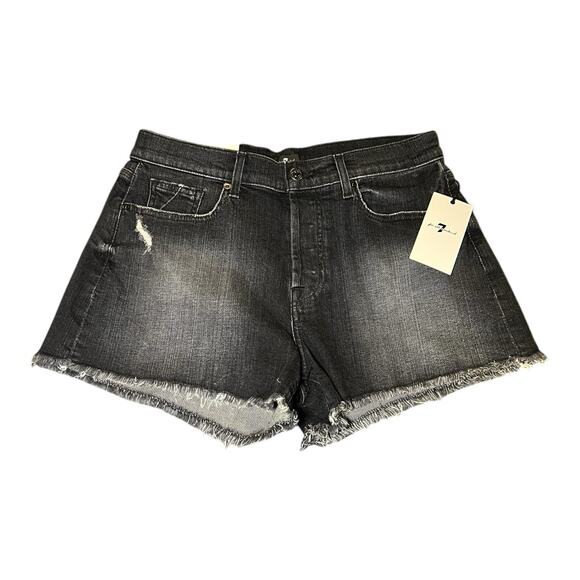 NWT 7 For All Mankind Black Distressed Denim Monroe Raw Cut Off Shorts Size 29